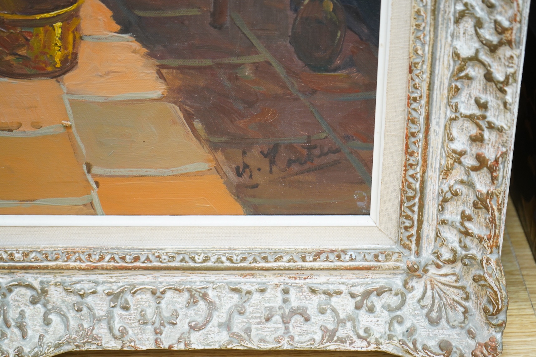 Contemporary Dutch School, Interior scene with open fireplace, indistinctly signed lower right, oil on canvas, 60 x 49cm